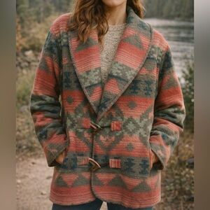 Vintage 1989 Eddie Bauer Wool Coat - Southwest Aztec Pink & Green - Small/Med